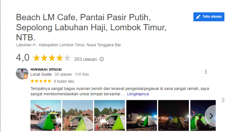Rating Google Maps Beach LM Cafe yaitu 4/5 dari 203 ulasan.